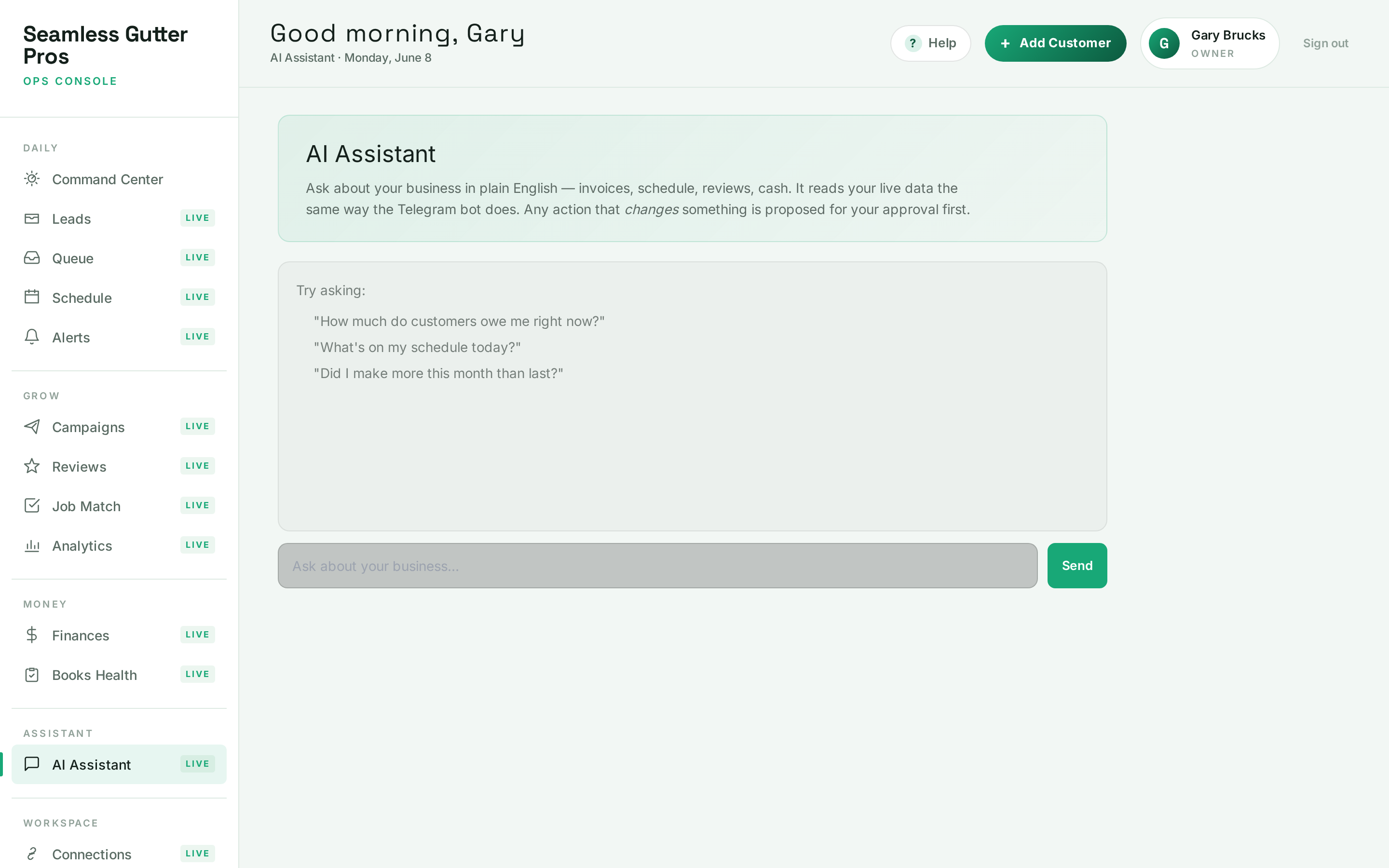 SagiFlo Assistant screen inviting plain-English questions about the business.