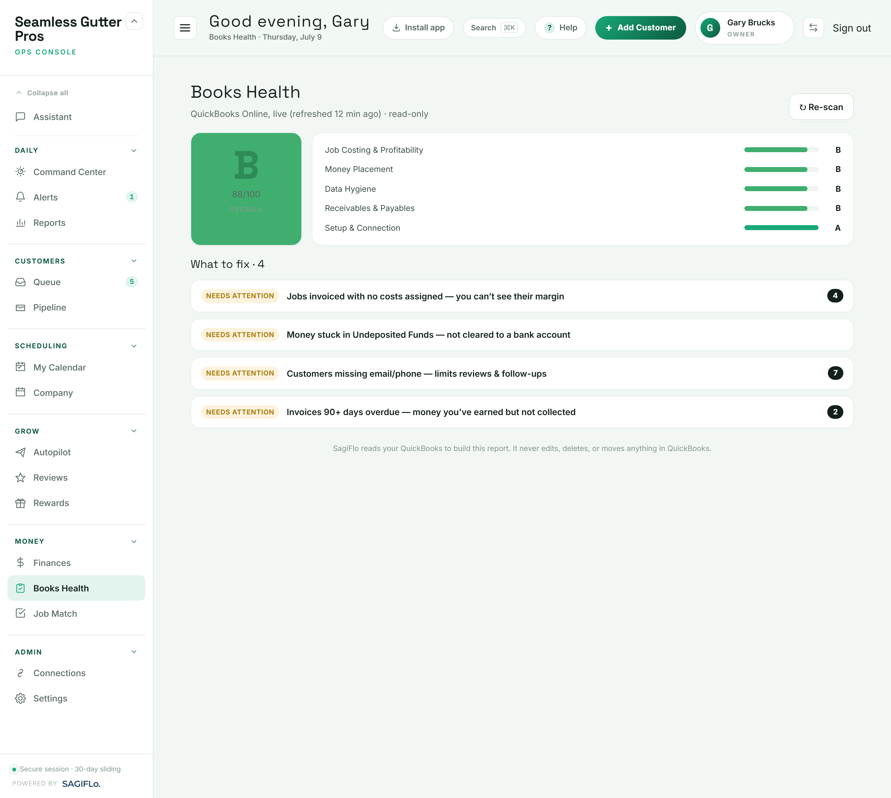 SagiFlo Books Health screen showing a B report card with five category sub-scores and a prioritized what-to-fix list.