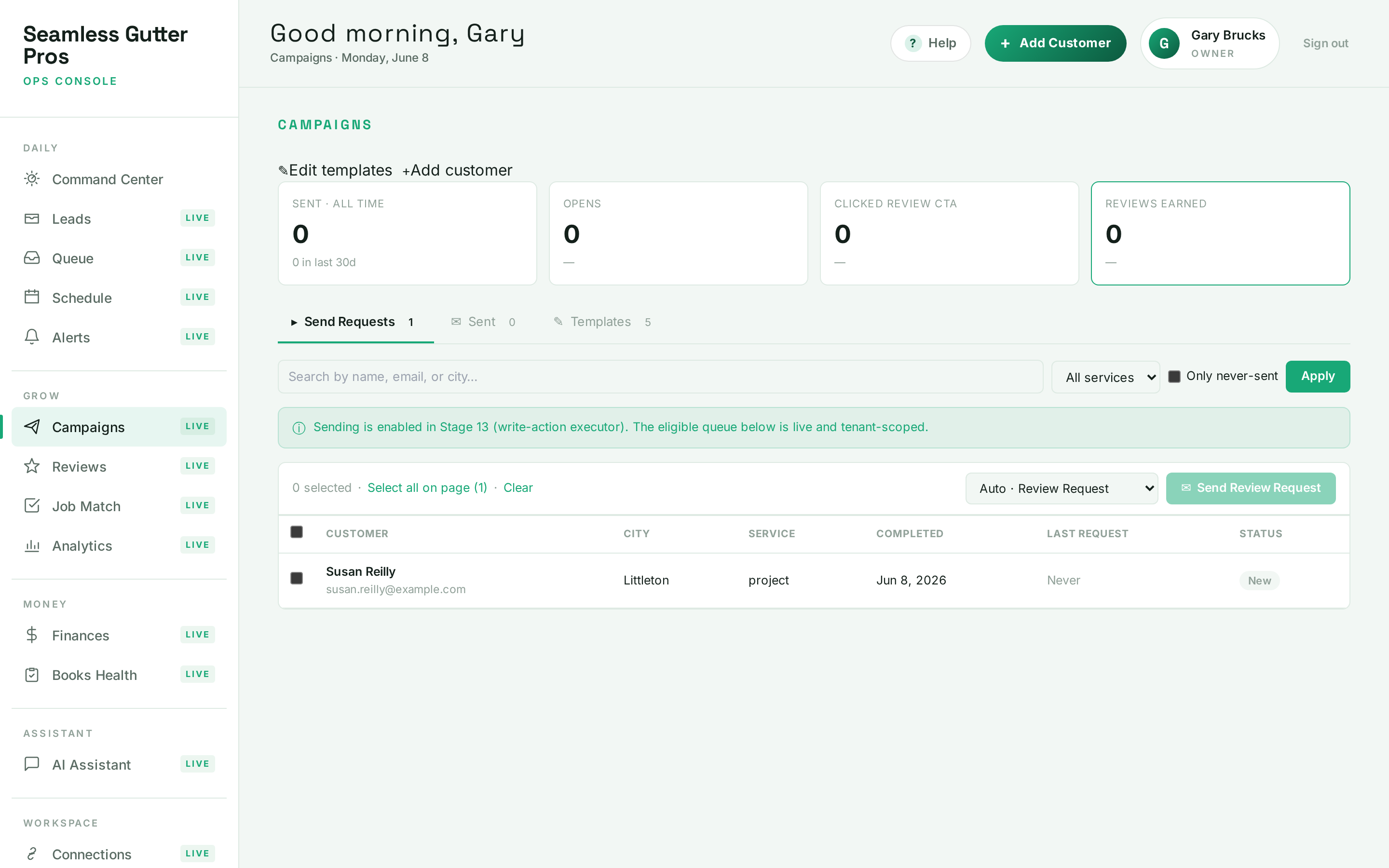 SagiFlo Campaigns screen showing the send-requests queue with an eligible customer and review-request controls.