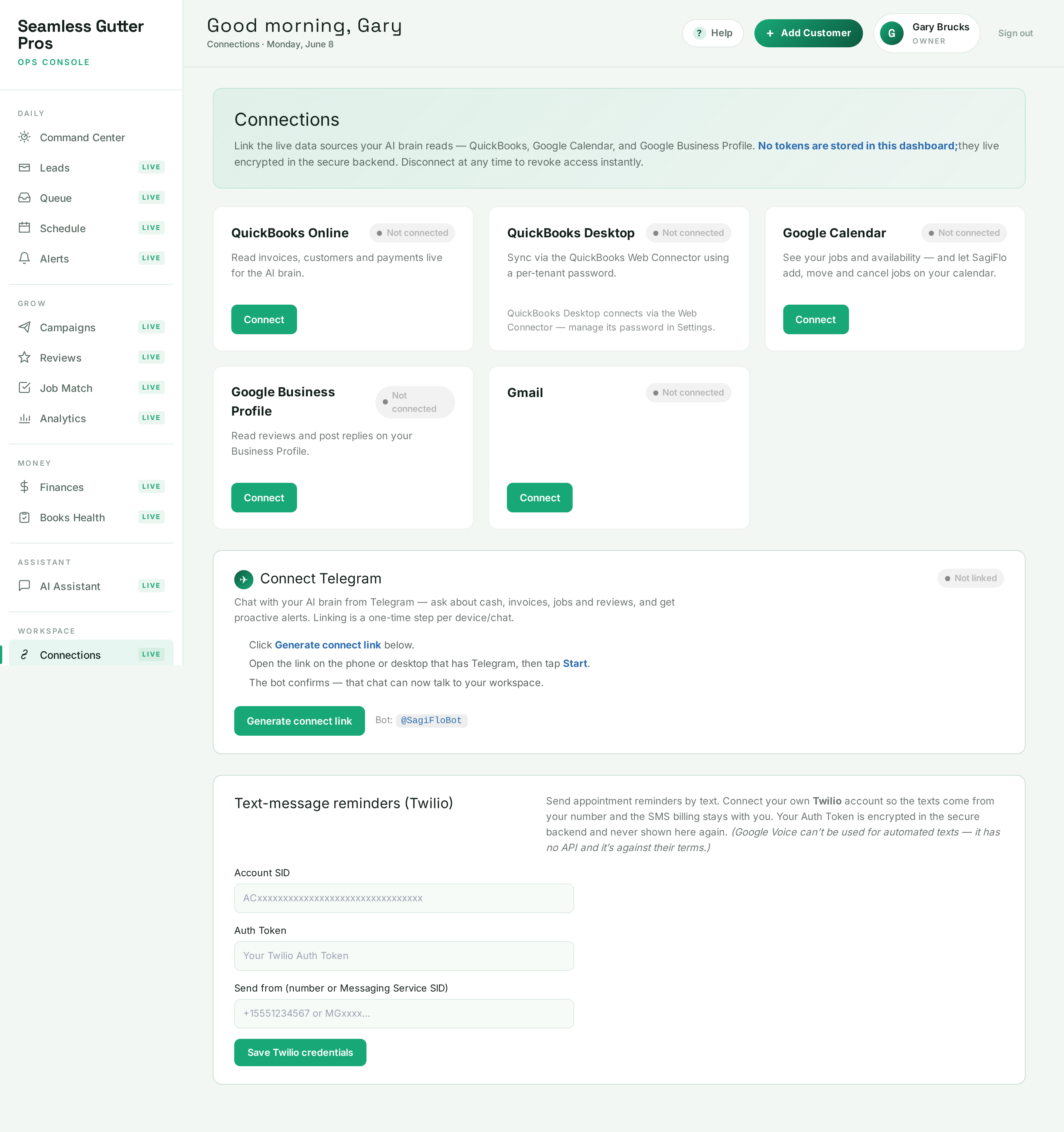 SagiFlo Connections screen with QuickBooks, Google Calendar, Gmail and Telegram integration cards plus a text-reminder panel.