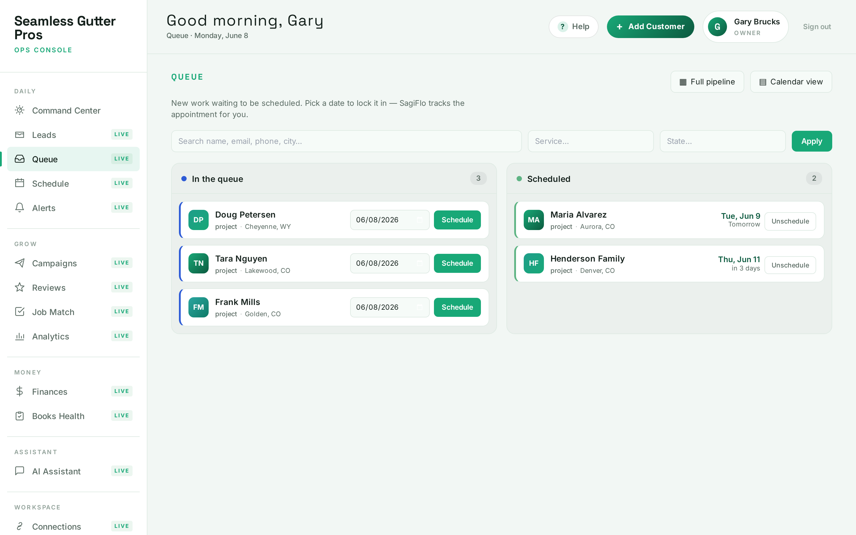 SagiFlo Queue screen showing jobs waiting to be scheduled and already-scheduled jobs with dates.