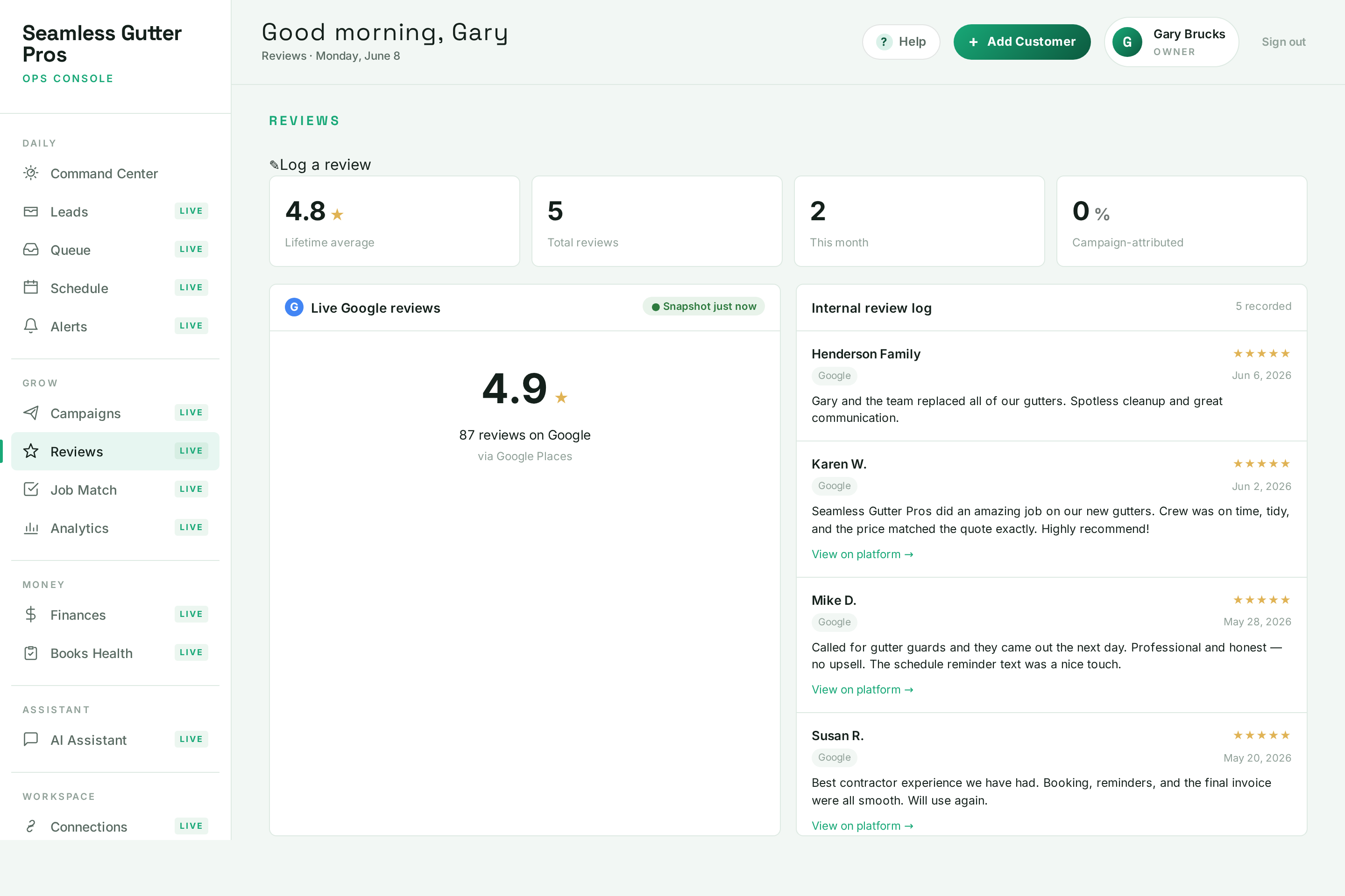 SagiFlo Reviews screen showing a live Google rating, review count and a populated review log.