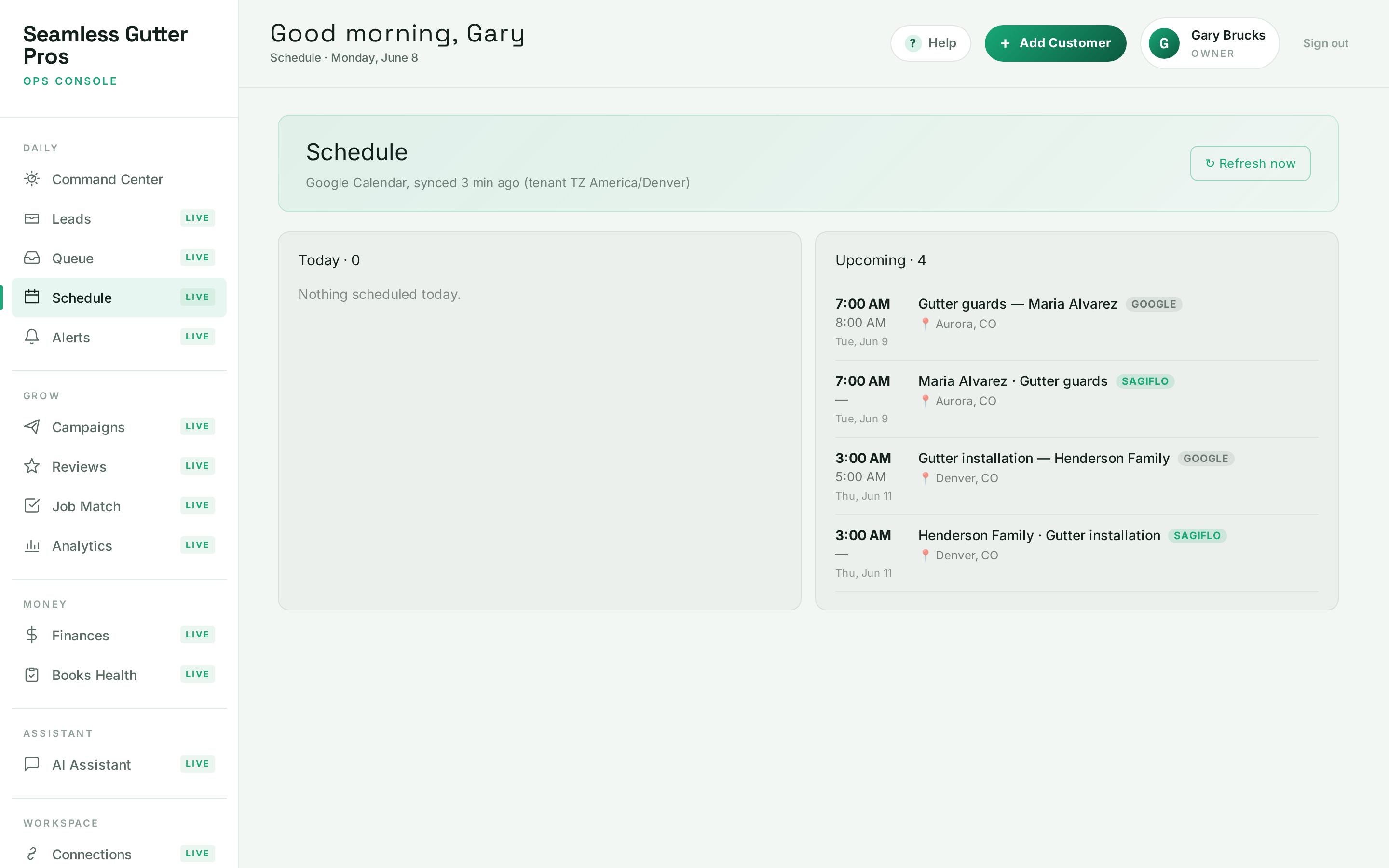 SagiFlo Schedule showing events tagged GOOGLE and SAGIFLO with a “synced 3 minutes ago” status.